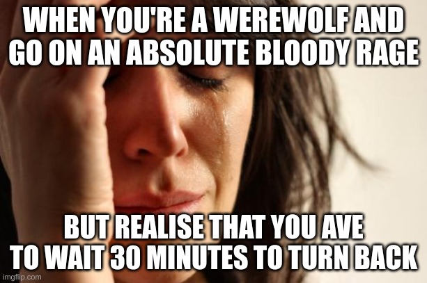 Ever Experienced this? | WHEN YOU'RE A WEREWOLF AND GO ON AN ABSOLUTE BLOODY RAGE; BUT REALISE THAT YOU AVE TO WAIT 30 MINUTES TO TURN BACK | image tagged in memes,first world problems | made w/ Imgflip meme maker