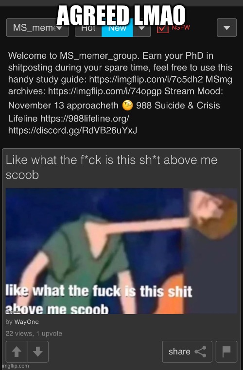 Image Title | AGREED LMAO | image tagged in msmg,like what the fuck is this shit above me scoob | made w/ Imgflip meme maker