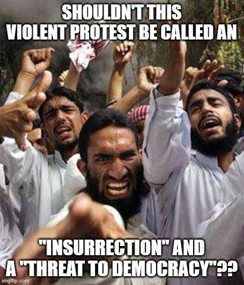 angry muslim | SHOULDN'T THIS VIOLENT PROTEST BE CALLED AN "INSURRECTION" AND A "THREAT TO DEMOCRACY"?? | image tagged in angry muslim | made w/ Imgflip meme maker