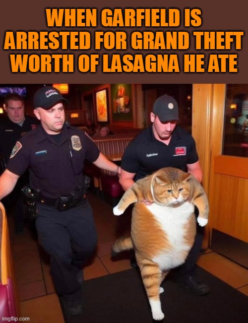 Grand Theft Lasagna | WHEN GARFIELD IS ARRESTED FOR GRAND THEFT WORTH OF LASAGNA HE ATE | image tagged in garfield,cats,funny cats,fat cat,arrested,busted | made w/ Imgflip meme maker