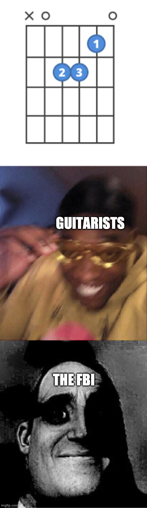 A minor, get it? Reposted from the stream. | GUITARISTS; THE FBI | image tagged in sad happy,traumatized mr incredible,wtf | made w/ Imgflip meme maker