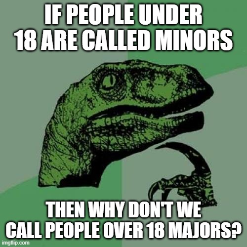 It makes way too much sense. | IF PEOPLE UNDER 18 ARE CALLED MINORS; THEN WHY DON'T WE CALL PEOPLE OVER 18 MAJORS? | image tagged in memes,philosoraptor,thinking,funny,change my mind,oh wow are you actually reading these tags | made w/ Imgflip meme maker