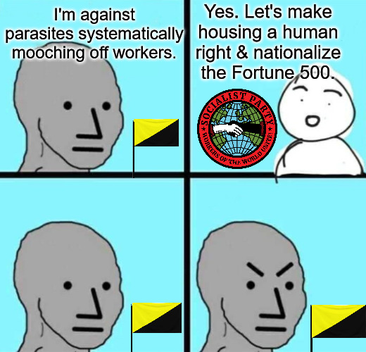 npc | Yes. Let's make housing a human right & nationalize the Fortune 500. I'm against parasites systematically mooching off workers. | image tagged in npc,socialist party usa,spusa,ancaps,socialists,libertarians | made w/ Imgflip meme maker