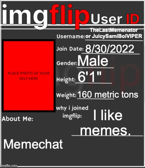 No photo??? Halina Matata!!! | TheLastMemenator or JuicySamiBoiVIPER; 8/30/2022; Male; 6'1"; 160 metric tons; I like memes. Memechat | image tagged in imgflip user id | made w/ Imgflip meme maker