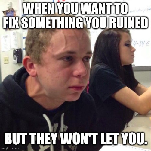 angery boi | WHEN YOU WANT TO FIX SOMETHING YOU RUINED; BUT THEY WON'T LET YOU. | image tagged in angery boi | made w/ Imgflip meme maker