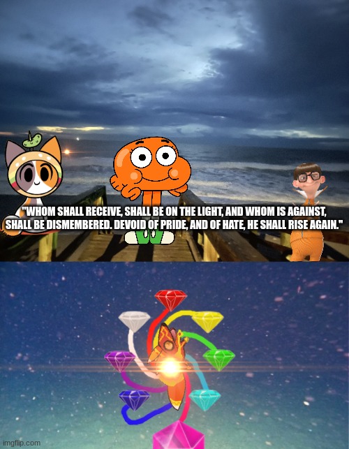 "WHOM SHALL RECEIVE, SHALL BE ON THE LIGHT, AND WHOM IS AGAINST, SHALL BE DISMEMBERED. DEVOID OF PRIDE, AND OF HATE, HE SHALL RISE AGAIN." | image tagged in night beach,carlos or something sitting at the bottom of the ocean | made w/ Imgflip meme maker