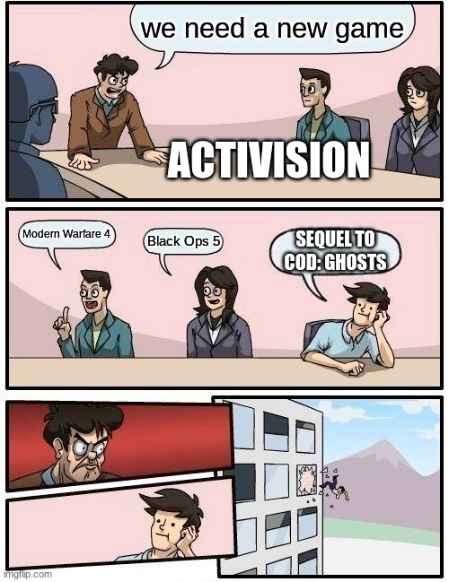 Boardroom Meeting Suggestion Meme | we need a new game; ACTIVISION; Modern Warfare 4; Black Ops 5; SEQUEL TO COD: GHOSTS | image tagged in memes,boardroom meeting suggestion | made w/ Imgflip meme maker