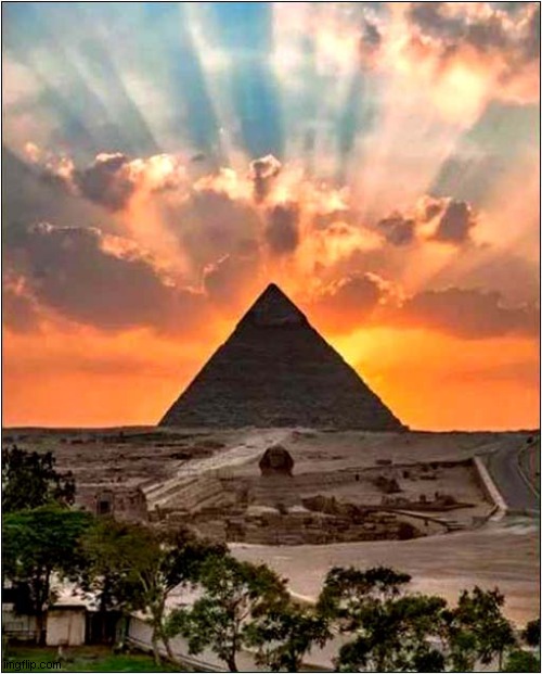 Sunset At Giza | image tagged in sunset,pyramid,the great sphinx,giza,egypt | made w/ Imgflip meme maker