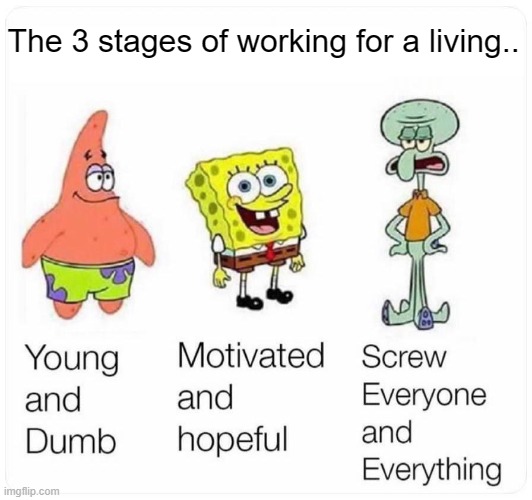 Working for  a living | The 3 stages of working for a living.. | image tagged in working | made w/ Imgflip meme maker