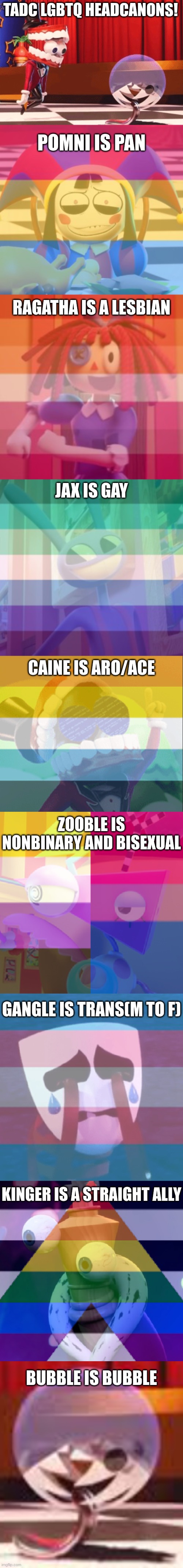 Feel free to disagree ig | TADC LGBTQ HEADCANONS! POMNI IS PAN; RAGATHA IS A LESBIAN; JAX IS GAY; CAINE IS ARO/ACE; ZOOBLE IS NONBINARY AND BISEXUAL; GANGLE IS TRANS(M TO F); KINGER IS A STRAIGHT ALLY; BUBBLE IS BUBBLE | image tagged in the amazing digital circus,lgbtq,headcanons,why are you reading this,you're still here aren't u | made w/ Imgflip meme maker