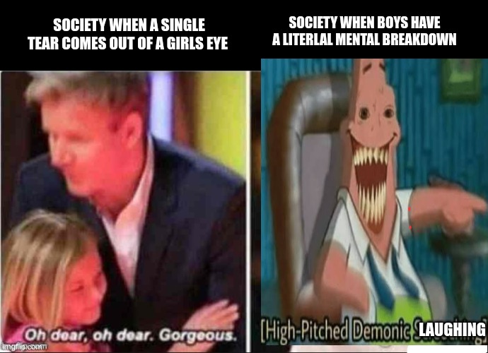 credit to friend | SOCIETY WHEN BOYS HAVE A LITERLAL MENTAL BREAKDOWN; SOCIETY WHEN A SINGLE TEAR COMES OUT OF A GIRLS EYE; LAUGHING | image tagged in oh dear oh dear gorgeous | made w/ Imgflip meme maker