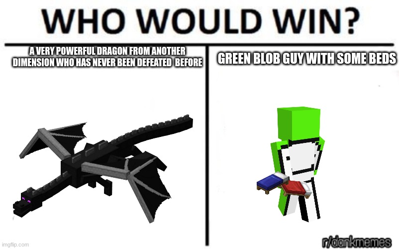 who will win? | A VERY POWERFUL DRAGON FROM ANOTHER DIMENSION WHO HAS NEVER BEEN DEFEATED  BEFORE; GREEN BLOB GUY WITH SOME BEDS | image tagged in who would win | made w/ Imgflip meme maker