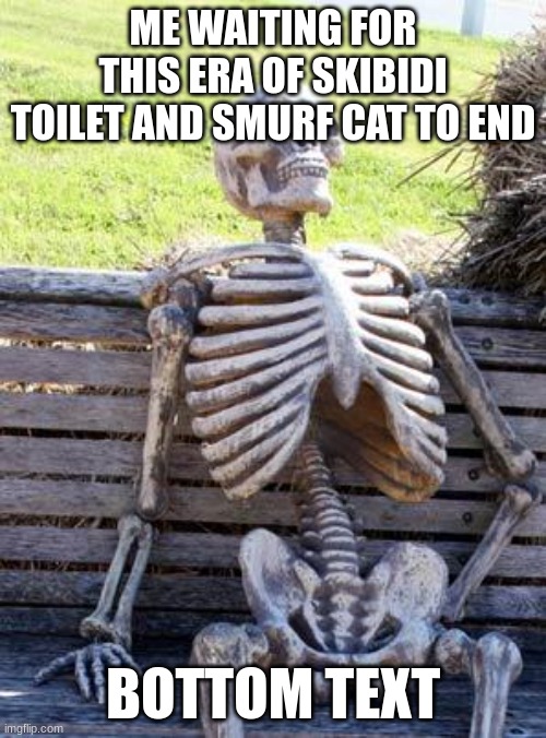 PLEASE JUST LET IT ENDDDD | ME WAITING FOR THIS ERA OF SKIBIDI TOILET AND SMURF CAT TO END; BOTTOM TEXT | image tagged in memes,waiting skeleton | made w/ Imgflip meme maker