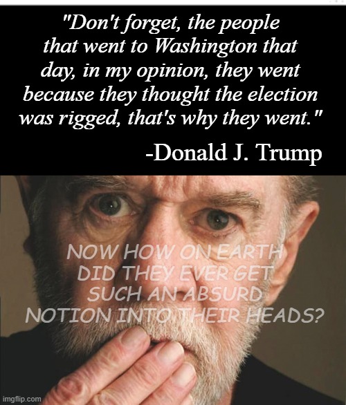 Oh right... the constant stream of lies coming from Dear Leader... | "Don't forget, the people that went to Washington that day, in my opinion, they went because they thought the election was rigged, that's why they went."; -Donald J. Trump; NOW HOW ON EARTH DID THEY EVER GET SUCH AN ABSURD NOTION INTO THEIR HEADS? | image tagged in blank black template,george carlin | made w/ Imgflip meme maker