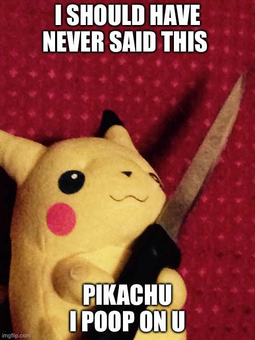 PIKACHU learned STAB! | I SHOULD HAVE NEVER SAID THIS; PIKACHU I POOP ON U | image tagged in pikachu learned stab | made w/ Imgflip meme maker