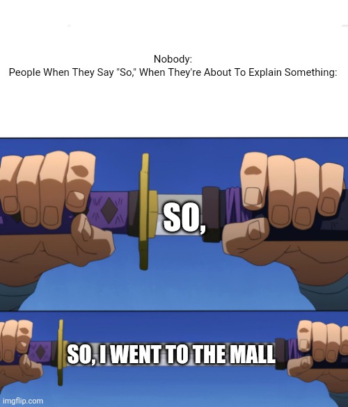 Unsheathing Sword | Nobody:
People When They Say "So," When They're About To Explain Something:; SO, SO, I WENT TO THE MALL | image tagged in unsheathing sword | made w/ Imgflip meme maker