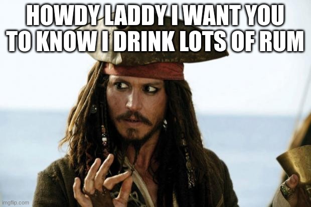 Jack Sparrow Pirate | HOWDY LADDY I WANT YOU TO KNOW I DRINK LOTS OF RUM | image tagged in jack sparrow pirate | made w/ Imgflip meme maker