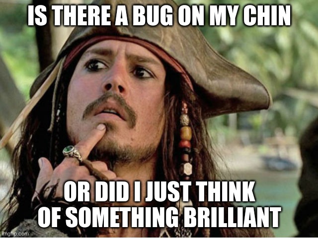 jack sparrow | IS THERE A BUG ON MY CHIN; OR DID I JUST THINK OF SOMETHING BRILLIANT | image tagged in jack sparrow | made w/ Imgflip meme maker