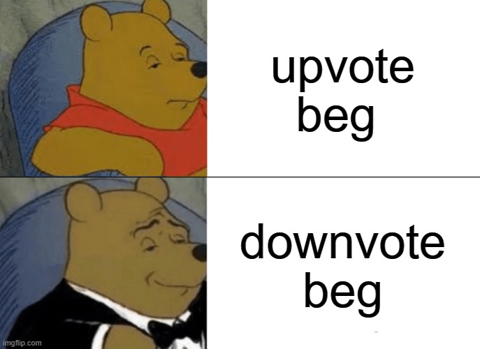 you know whats comin | upvote beg; downvote beg | image tagged in memes,tuxedo winnie the pooh | made w/ Imgflip meme maker