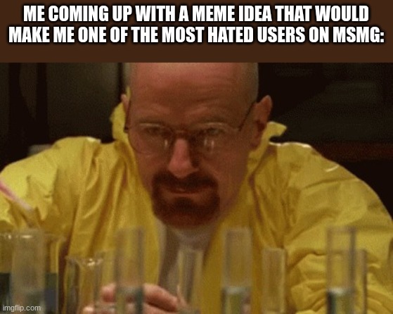 Walter White Cooking | ME COMING UP WITH A MEME IDEA THAT WOULD MAKE ME ONE OF THE MOST HATED USERS ON MSMG: | image tagged in walter white cooking | made w/ Imgflip meme maker
