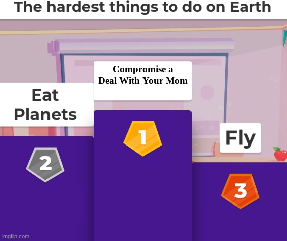 I done this maybe once in MY ENTIRE LIFE (New template) | Compromise a Deal With Your Mom | image tagged in hardest things to do on earth,mom,moms | made w/ Imgflip meme maker