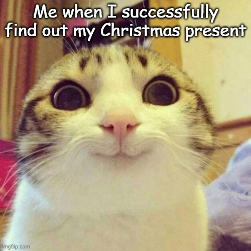 TEEHEE. Mother, I already know. | Me when I successfully find out my Christmas present | image tagged in memes,smiling cat,falalala | made w/ Imgflip meme maker