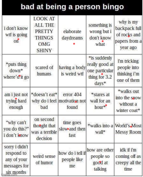 I guess I'm bad at being a person | image tagged in bad at being a person bingo | made w/ Imgflip meme maker