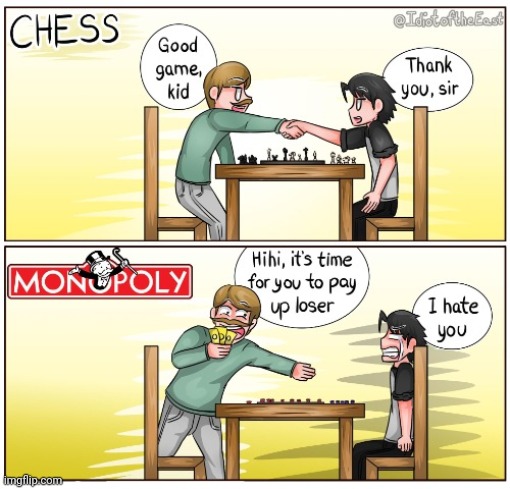 Chess vs Monopoly | image tagged in chess,monopoly,comics,board game,comics/cartoons,game | made w/ Imgflip meme maker