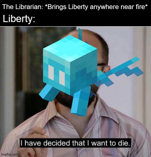 (For those who don't know, look up The Librarian Minecraft: From the Fog on YT) | The Librarian: *Brings Liberty anywhere near fire*; Liberty: | image tagged in i have decided that i want to die,the librarian,mods | made w/ Imgflip meme maker