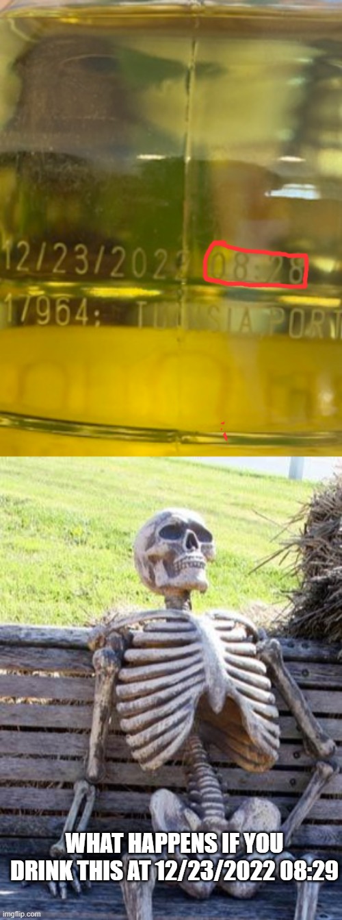 fr fr fr | WHAT HAPPENS IF YOU DRINK THIS AT 12/23/2022 08:29 | image tagged in memes,waiting skeleton,for real,food,expired food,funny memes | made w/ Imgflip meme maker