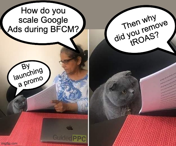 Google Ads during BFCM | How do you scale Google Ads during BFCM? Then why did you remove 
tROAS? By launching a promo | image tagged in woman showing paper to cat,google ads,google,black friday,black friday matters | made w/ Imgflip meme maker