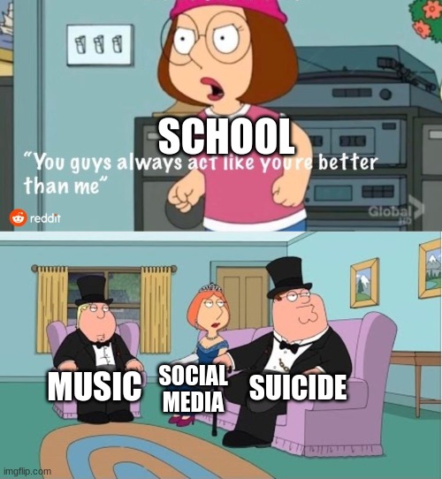 You Guys always act like you're better than me | SCHOOL; SUICIDE; MUSIC; SOCIAL MEDIA | image tagged in you guys always act like you're better than me | made w/ Imgflip meme maker