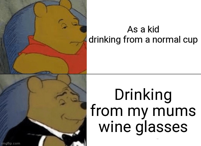 Tuxedo Winnie The Pooh Meme | As a kid drinking from a normal cup; Drinking from my mums wine glasses | image tagged in memes,tuxedo winnie the pooh | made w/ Imgflip meme maker