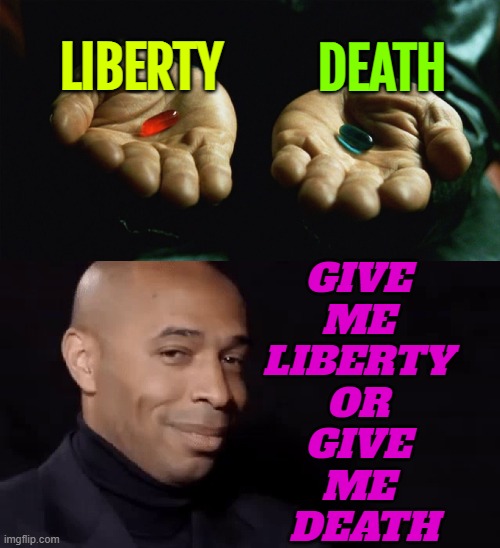 Liberty Or Death | LIBERTY; DEATH; GIVE 
ME 
LIBERTY 
OR 
GIVE 
ME 
DEATH | image tagged in two pills and henry,liberty,death,life,life lessons,life sucks | made w/ Imgflip meme maker