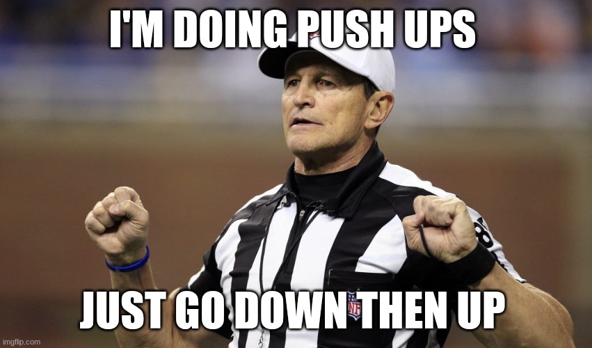 logical fallacy referee | I'M DOING PUSH UPS; JUST GO DOWN THEN UP | image tagged in logical fallacy referee | made w/ Imgflip meme maker