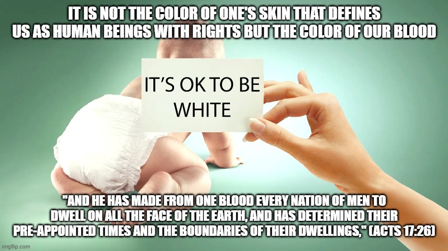 IT IS NOT THE COLOR OF ONE'S SKIN THAT DEFINES US AS HUMAN BEINGS WITH RIGHTS BUT THE COLOR OF OUR BLOOD; "AND HE HAS MADE FROM ONE BLOOD EVERY NATION OF MEN TO DWELL ON ALL THE FACE OF THE EARTH, AND HAS DETERMINED THEIR PRE-APPOINTED TIMES AND THE BOUNDARIES OF THEIR DWELLINGS," (ACTS 17:26) | made w/ Imgflip meme maker