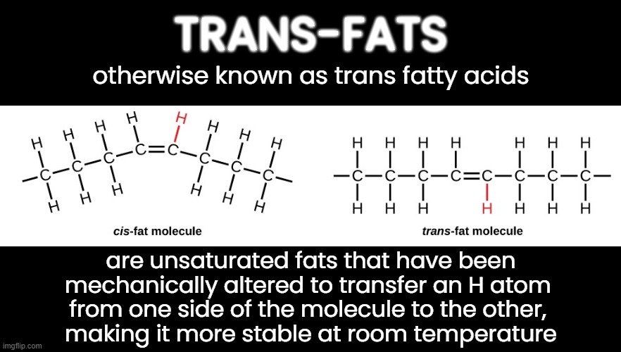 trans fats | TRANS-FATS; otherwise known as trans fatty acids; are unsaturated fats that have been mechanically altered to transfer an H atom 
from one side of the molecule to the other, 
making it more stable at room temperature | image tagged in trans fatty acids,eating healthy,health,science,processed foods | made w/ Imgflip meme maker
