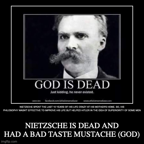 NIETZSCHE SPENT THE LAST 10 YEARS OF HIS LIFE CRAZY AT HIS MOTHER'S HOME. SO, HIS PHILOSOPHY WASN'T EFFECTIVE TO IMPROVE HIS LIFE BUT HELPED | image tagged in funny,demotivationals | made w/ Imgflip demotivational maker