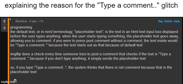 explaining the reason for the "Type a comment.." glitch | made w/ Imgflip meme maker