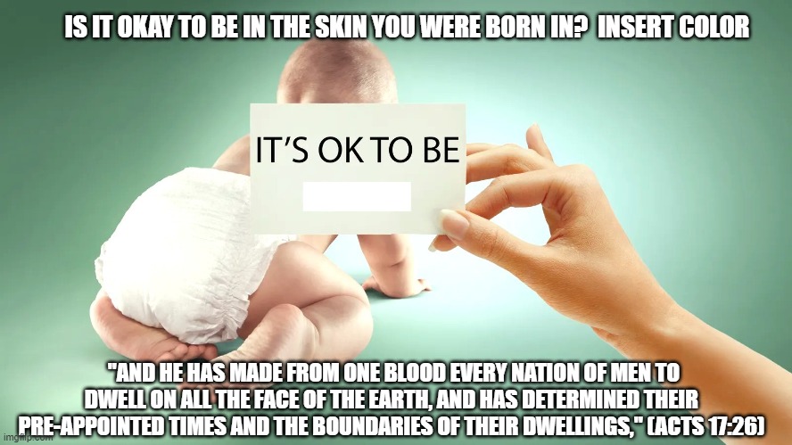 IS IT OKAY TO BE IN THE SKIN YOU WERE BORN IN?  INSERT COLOR; "AND HE HAS MADE FROM ONE BLOOD EVERY NATION OF MEN TO DWELL ON ALL THE FACE OF THE EARTH, AND HAS DETERMINED THEIR PRE-APPOINTED TIMES AND THE BOUNDARIES OF THEIR DWELLINGS," (ACTS 17:26) | made w/ Imgflip meme maker