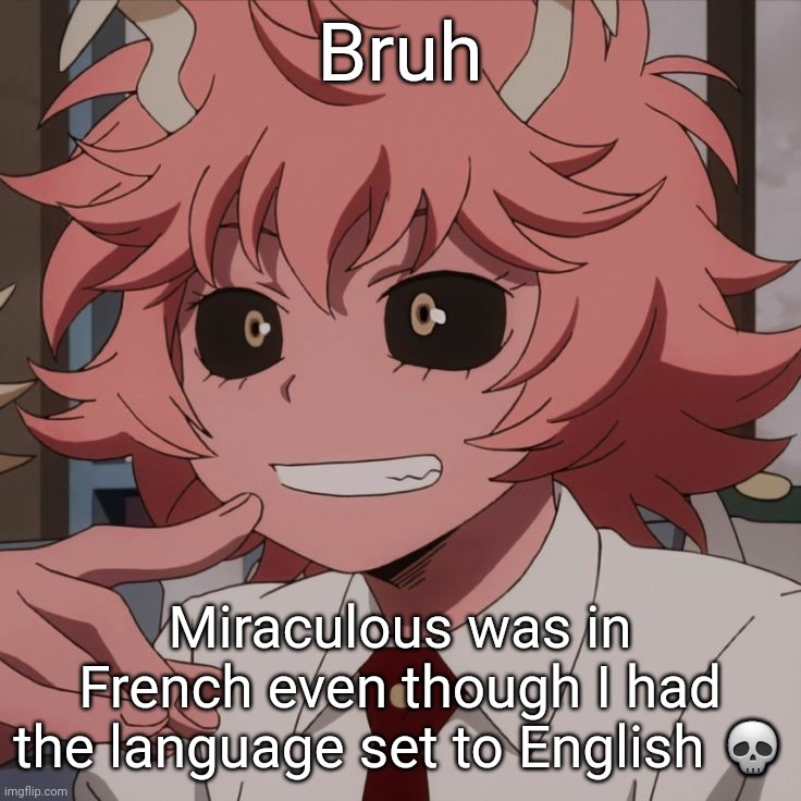 The channel description was in German too | Bruh; Miraculous was in French even though I had the language set to English 💀 | image tagged in mina ashido | made w/ Imgflip meme maker