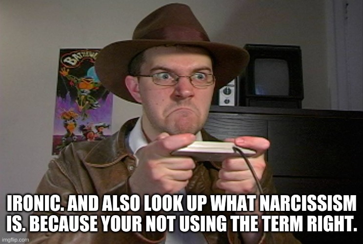 Angry AVGN  | IRONIC. AND ALSO LOOK UP WHAT NARCISSISM IS. BECAUSE YOUR NOT USING THE TERM RIGHT. | image tagged in angry avgn | made w/ Imgflip meme maker