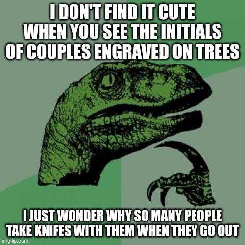 Think of it this way | I DON'T FIND IT CUTE WHEN YOU SEE THE INITIALS OF COUPLES ENGRAVED ON TREES; I JUST WONDER WHY SO MANY PEOPLE TAKE KNIFES WITH THEM WHEN THEY GO OUT | image tagged in memes,philosoraptor | made w/ Imgflip meme maker