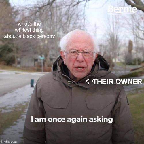 unfortunately its true | what's the whitest thing about a black person? ⇦THEIR OWNER | image tagged in memes,bernie i am once again asking for your support | made w/ Imgflip meme maker