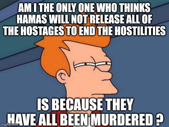 Has there been any proof of life given? | AM I THE ONLY ONE WHO THINKS HAMAS WILL NOT RELEASE ALL OF THE HOSTAGES TO END THE HOSTILITIES; IS BECAUSE THEY HAVE ALL BEEN MURDERED ? | image tagged in hostage,terrorism,terrorists,kidnapping,israel,jews | made w/ Imgflip meme maker