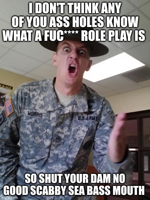 ARMY PISSED | I DON'T THINK ANY OF YOU ASS HOLES KNOW WHAT A FUC**** ROLE PLAY IS; SO SHUT YOUR DAM NO GOOD SCABBY SEA BASS MOUTH | image tagged in army pissed | made w/ Imgflip meme maker