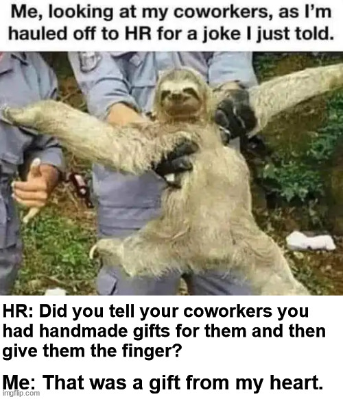Just another fun day at work | HR: Did you tell your coworkers you 
had handmade gifts for them and then 
give them the finger? Me: That was a gift from my heart. | image tagged in eye roll,another,bad day at work | made w/ Imgflip meme maker