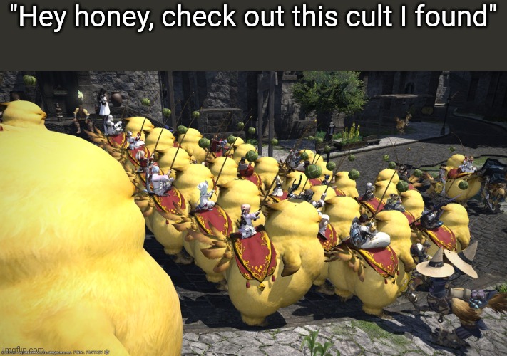 I need to get the fat chocobo mount at some point | "Hey honey, check out this cult I found" | image tagged in fat chocobo,chocobo,final fantasy | made w/ Imgflip meme maker