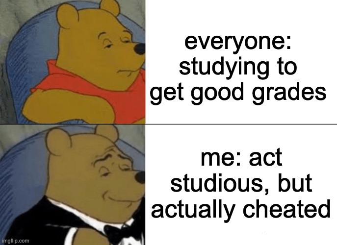 Umm, anyone else? | everyone: studying to get good grades; me: act studious, but actually cheated | image tagged in memes,tuxedo winnie the pooh | made w/ Imgflip meme maker