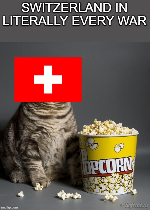 Cat eating popcorn | SWITZERLAND IN LITERALLY EVERY WAR | image tagged in cat eating popcorn | made w/ Imgflip meme maker